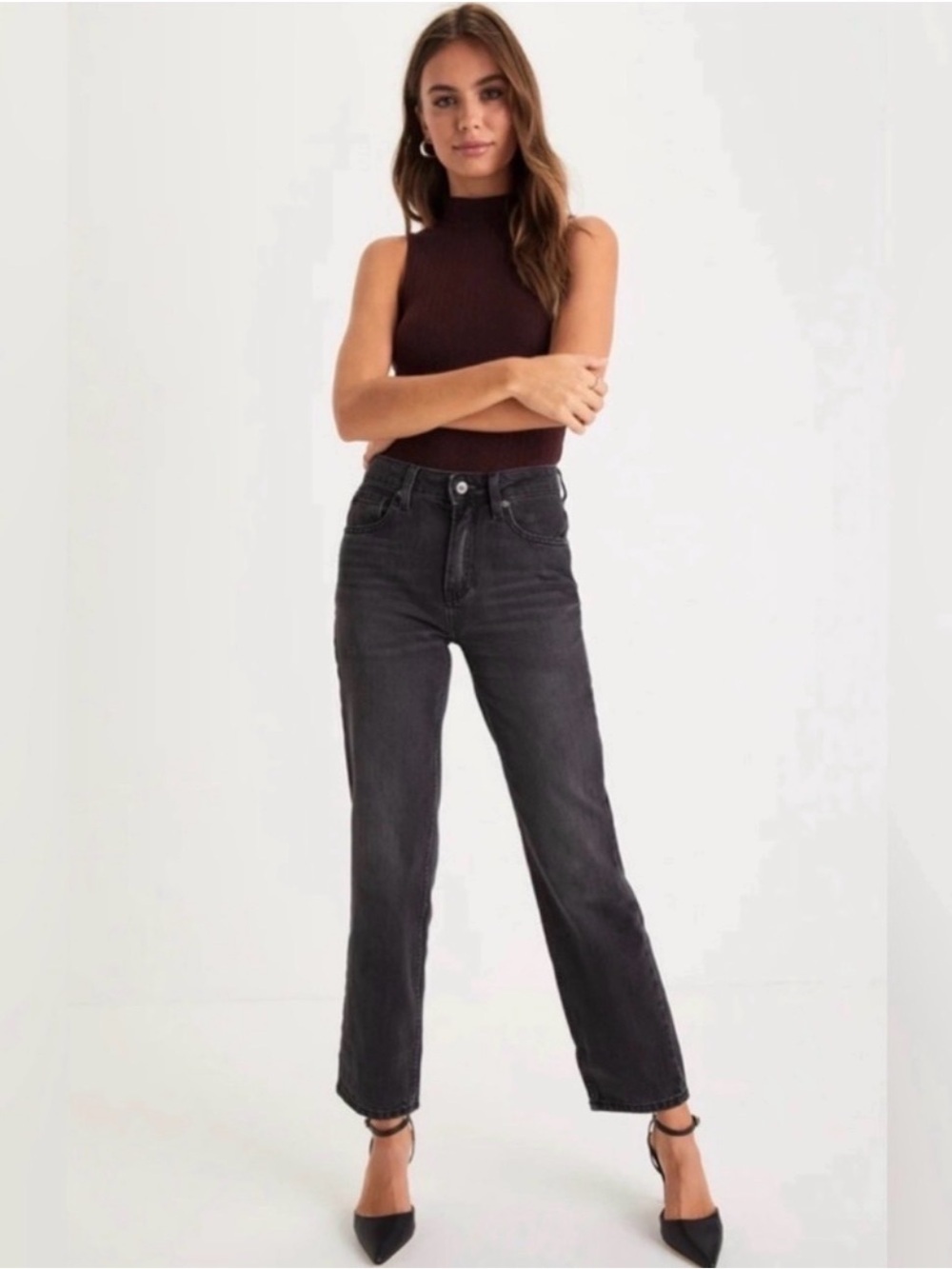 Free People Women's Risk Taker High Rise Straight Leg Black Jeans, size 28